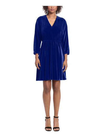 LONDON TIMES Womens Blue Unlined Elastic Waist Pullover Dolman Sleeve V Neck Above The Knee Wear To Work Fit + Flare Dress S
