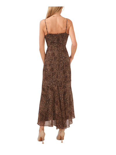 1. STATE Womens Brown Adjustable Lined Hi Lo Ruffled Hem Zippered Animal Print Sleeveless Surplice Neckline Midi Fit + Flare Dress XS