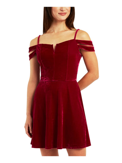 BCX DRESS Womens Burgundy Adjustable Cold Shoulder Lined Bodice Padded Bust Spaghetti Strap V Neck Short Party Fit + Flare Dress Juniors XL