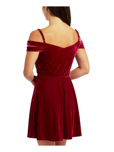 BCX DRESS Womens Burgundy Adjustable Cold Shoulder Lined Bodice Padded Bust Spaghetti Strap V Neck Short Party Fit + Flare Dress Juniors XL