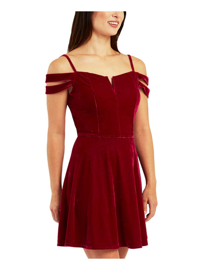 BCX DRESS Womens Burgundy Adjustable Cold Shoulder Lined Bodice Padded Bust Spaghetti Strap V Neck Short Party Fit + Flare Dress Juniors XL