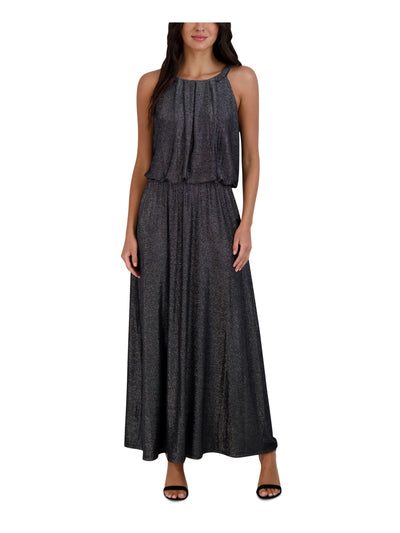 SIGNATURE BY ROBBIE BEE Womens Silver Gathered Lined Pull-on Sleeveless Halter Full-Length Blouson Dress Petites PS