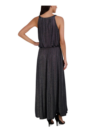 SIGNATURE BY ROBBIE BEE Womens Silver Gathered Lined Pull-on Sleeveless Halter Full-Length Blouson Dress Petites PS