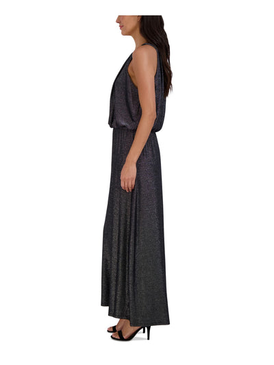 SIGNATURE BY ROBBIE BEE Womens Silver Gathered Lined Pull-on Sleeveless Halter Full-Length Blouson Dress Petites PS