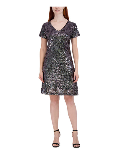 SIGNATURE BY ROBBIE BEE Womens Black Sequined Lined Short Sleeve V Neck Above The Knee Party Sheath Dress Petites PS