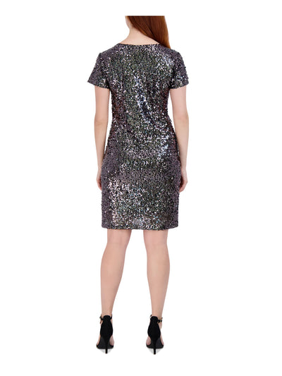 SIGNATURE BY ROBBIE BEE Womens Black Sequined Lined Short Sleeve V Neck Above The Knee Party Sheath Dress Petites PS