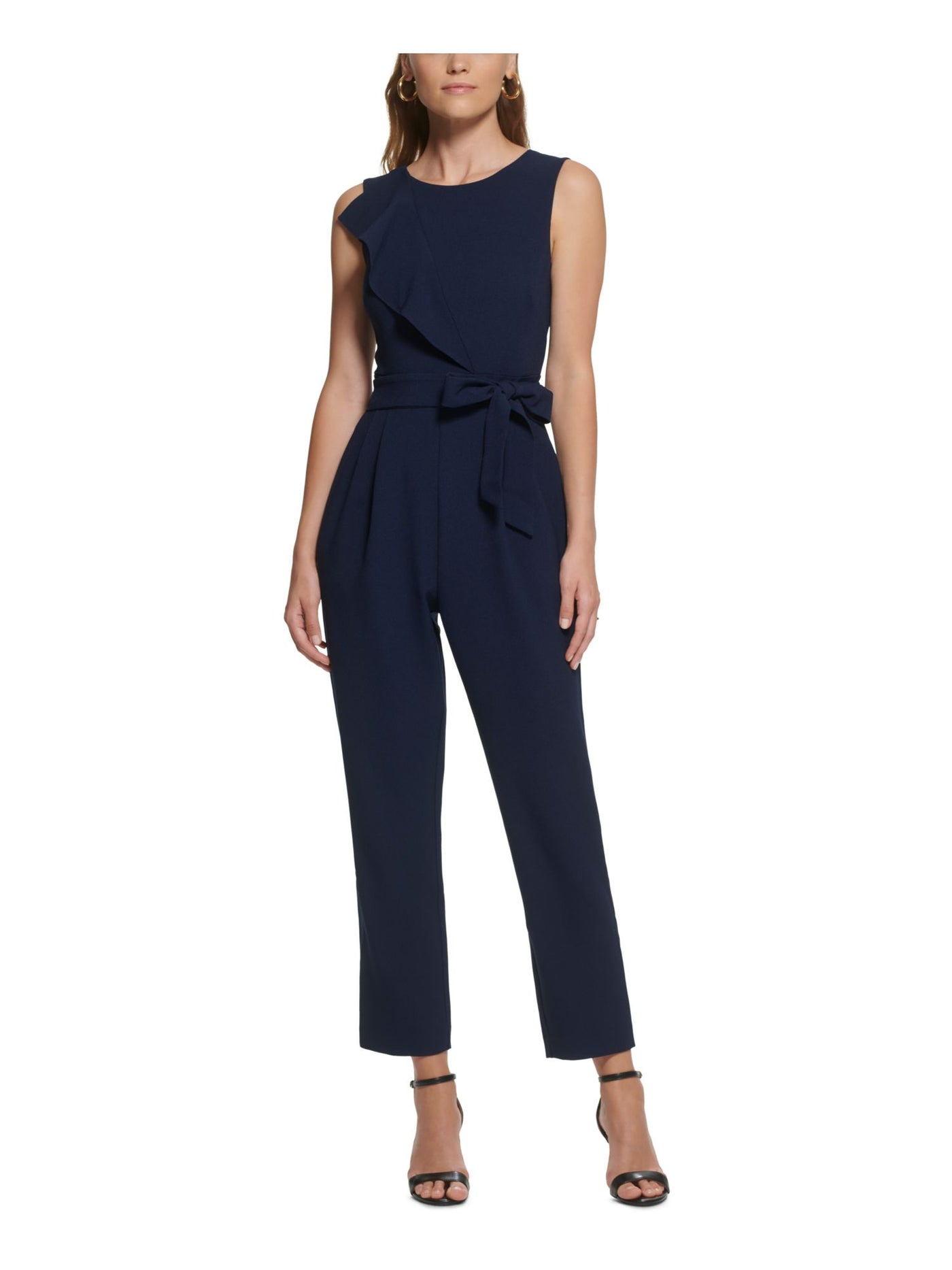 JESSICA HOWARD Womens Navy Ruffled Zippered Pleated Pocketed Self-tie Belt Sleeveless Round Neck Straight leg Jumpsuit Petites 14P