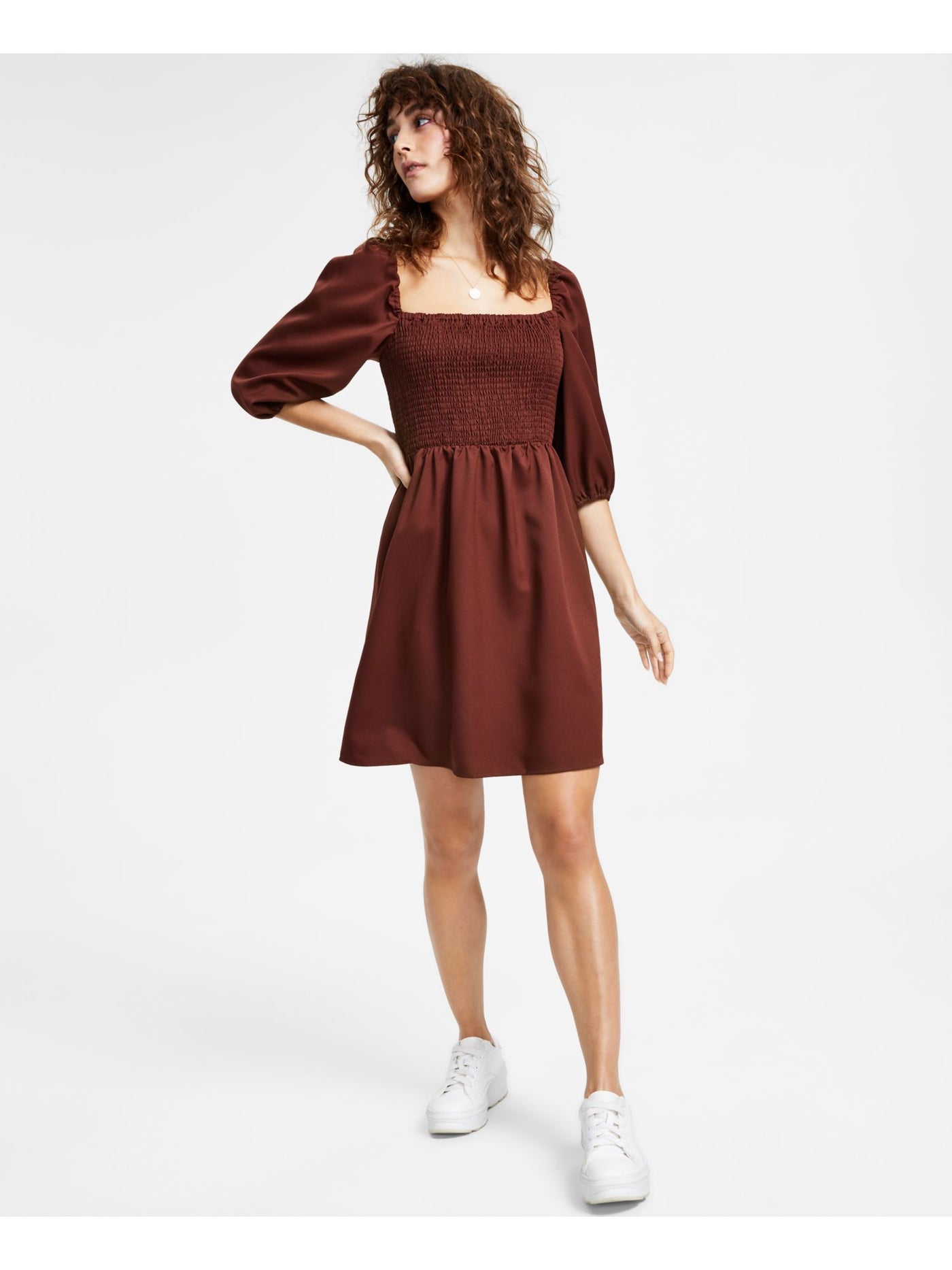 BAR III DRESSES Womens Brown Smocked Pullover 3/4 Sleeve Square Neck Short Fit + Flare Dress XS