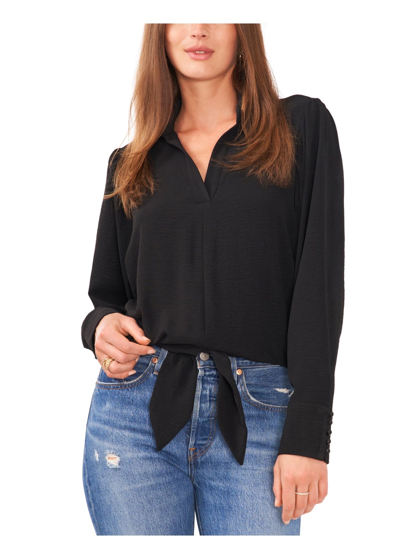 VINCE CAMUTO Womens Black Long Sleeve Collared Top S