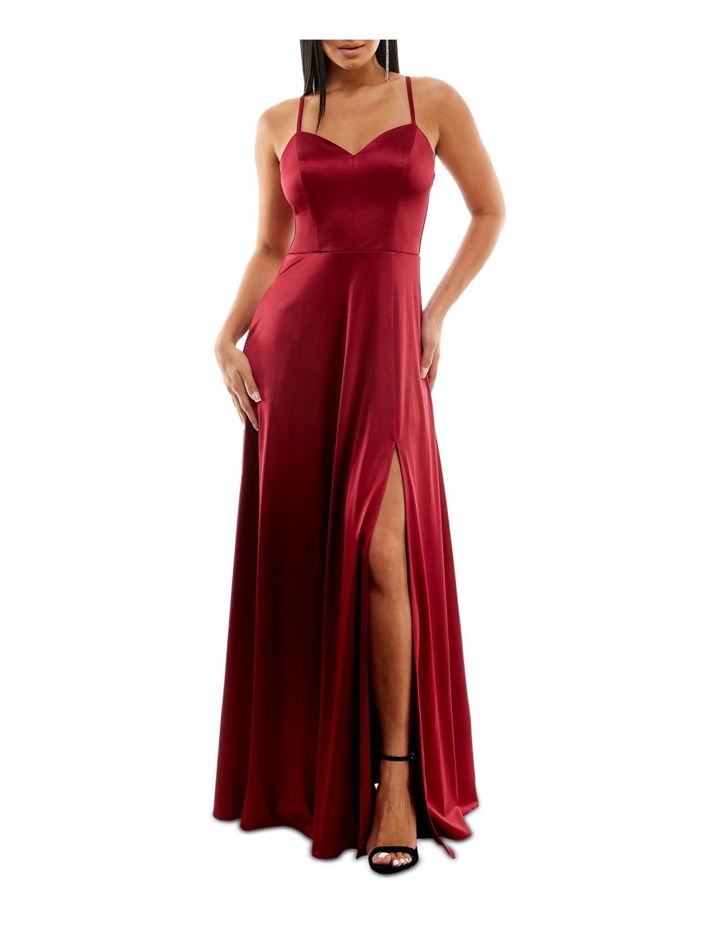 CITY STUDIO Womens Burgundy Slitted Spaghetti Strap Full-Length Fit + Flare Prom Dress 5