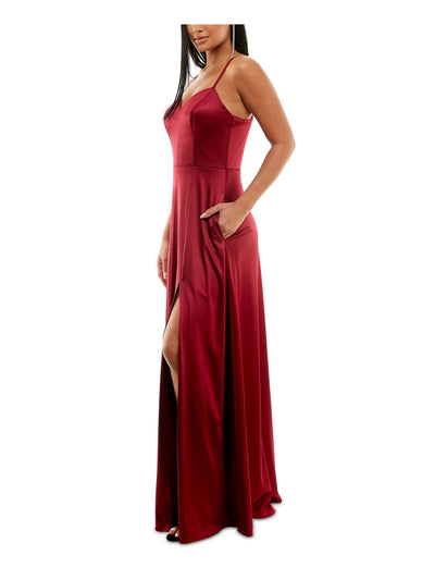 CITY STUDIO Womens Burgundy Slitted Spaghetti Strap Full-Length Fit + Flare Prom Dress 5