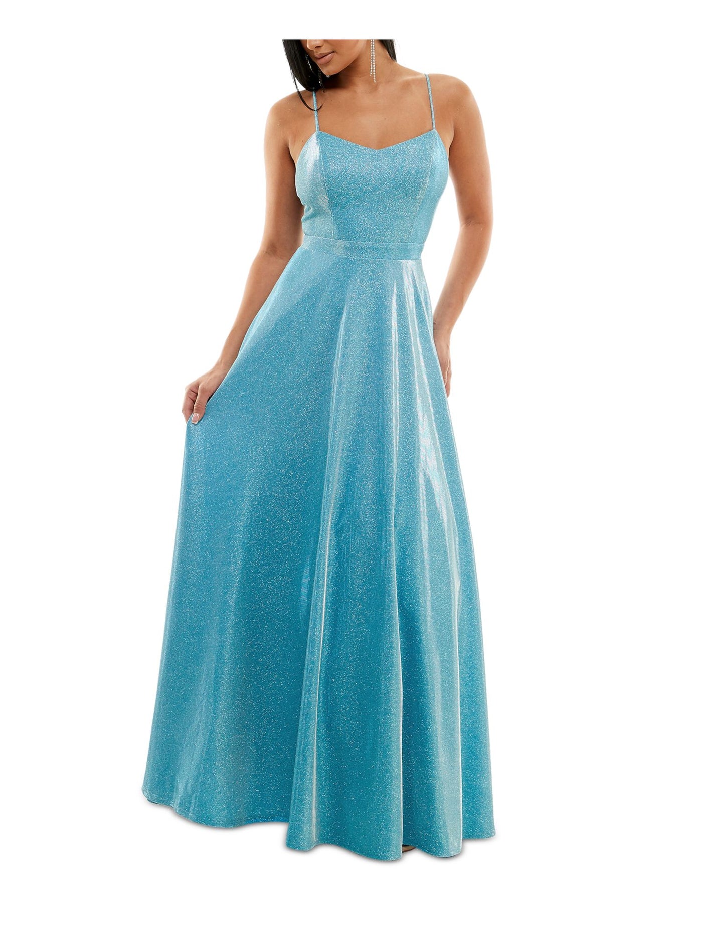 CITY STUDIO Womens Light Blue Zippered Lined Mesh Tulle Sheer Padded Spaghetti Strap V Neck Full-Length Gown Prom Dress 3