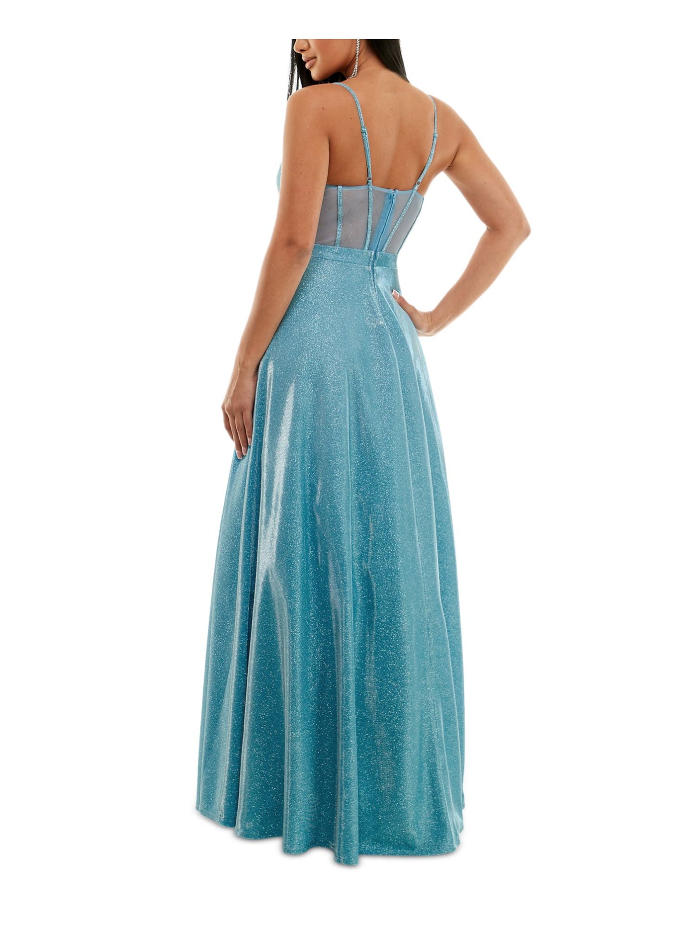 CITY STUDIO Womens Light Blue Zippered Lined Mesh Tulle Sheer Padded Spaghetti Strap V Neck Full-Length Gown Prom Dress 3