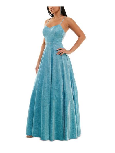 CITY STUDIO Womens Light Blue Zippered Lined Mesh Tulle Sheer Padded Spaghetti Strap V Neck Full-Length Gown Prom Dress 3