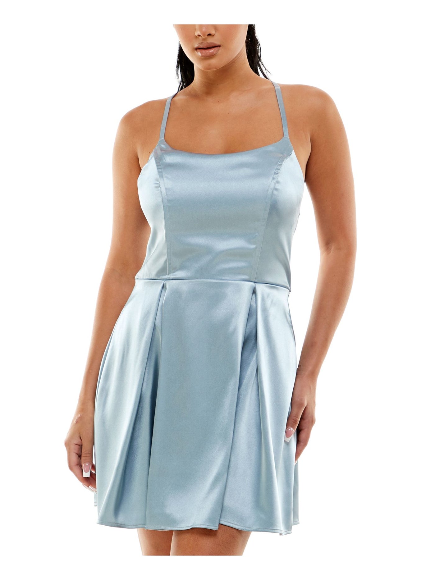 SPEECHLESS Womens Light Blue Stretch Zippered Pleated Strappy-back Satin Tie Spaghetti Strap Scoop Neck Mini Party Fit + Flare Dress 11