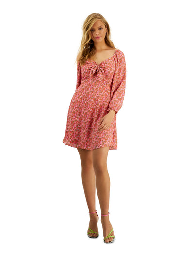 BAR III DRESSES Womens Red Smocked Floral 3/4 Sleeve V Neck Above The Knee Shift Dress S