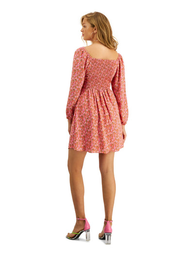 BAR III DRESSES Womens Red Smocked Floral 3/4 Sleeve V Neck Above The Knee Shift Dress S
