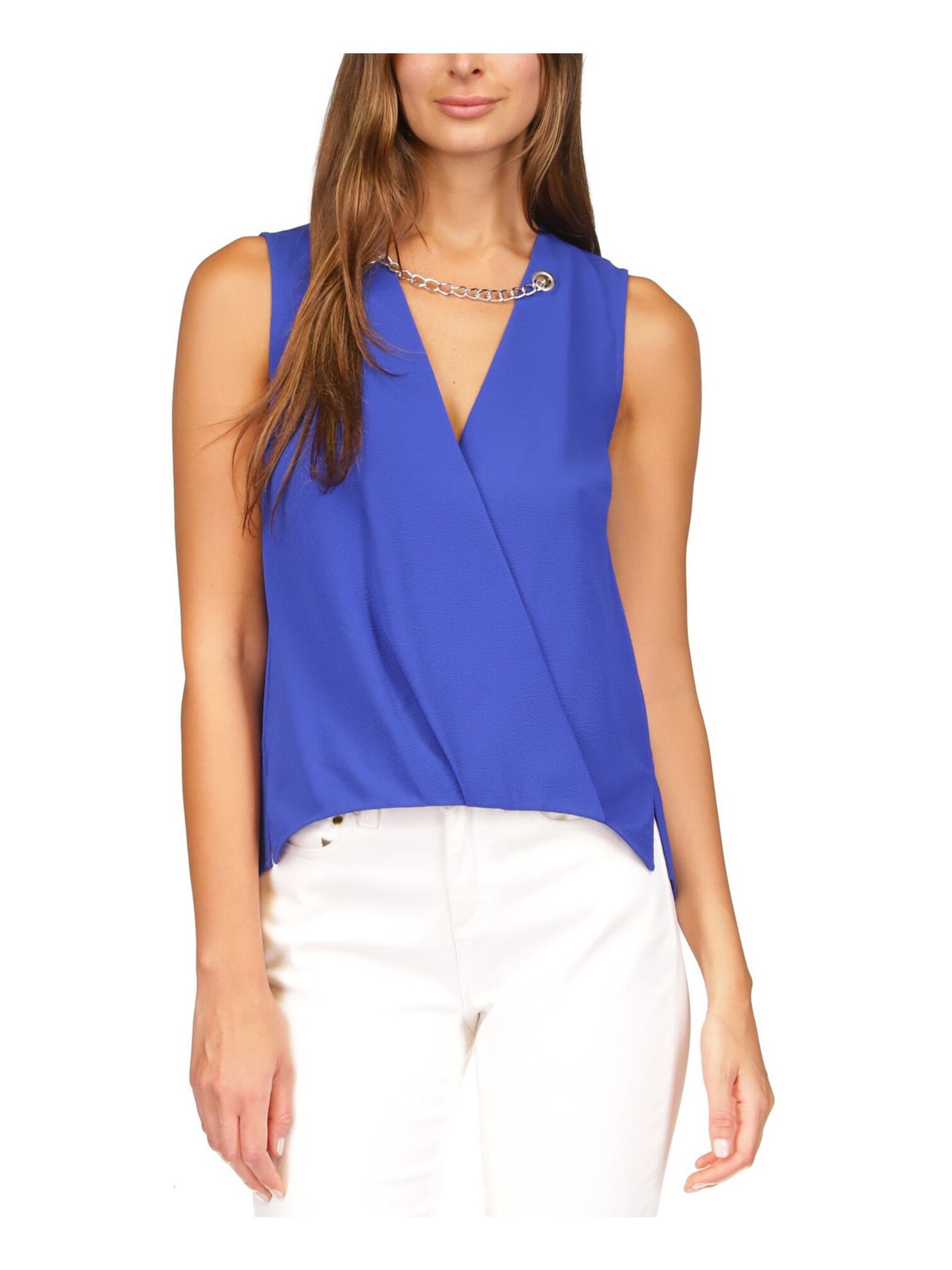 MICHAEL MICHAEL KORS Womens Blue Textured Chain Detail Vented Hi-lo Hem Sleeveless Surplice Neckline Faux Wrap Top XS