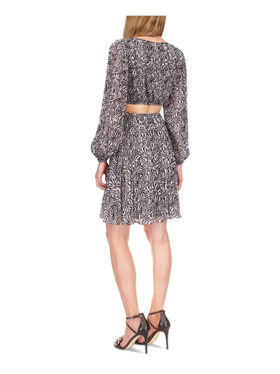 MICHAEL MICHAEL KORS Womens White Cut Out Lined Pullover Long Sleeve V Neck Above The Knee Party Fit + Flare Dress XS