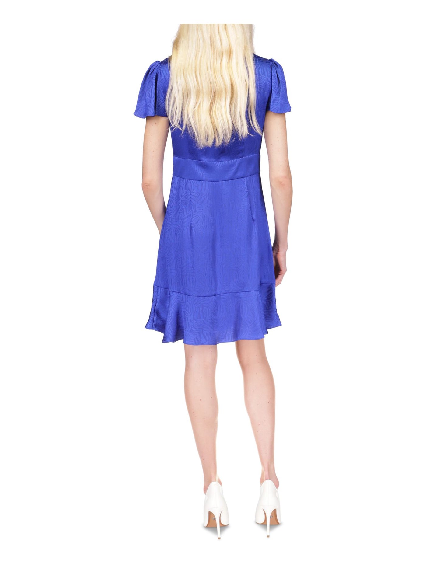 MICHAEL MICHAEL KORS Womens Blue Tie Cut Out Ruffled Hem Flutter Sleeve V Neck Above The Knee Cocktail Fit + Flare Dress 2