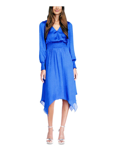 MICHAEL MICHAEL KORS Womens Blue Smocked Sheer Handkerchief Hem Pullover Animal Print Long Sleeve Surplice Neckline Midi Fit + Flare Dress Petites P\XS