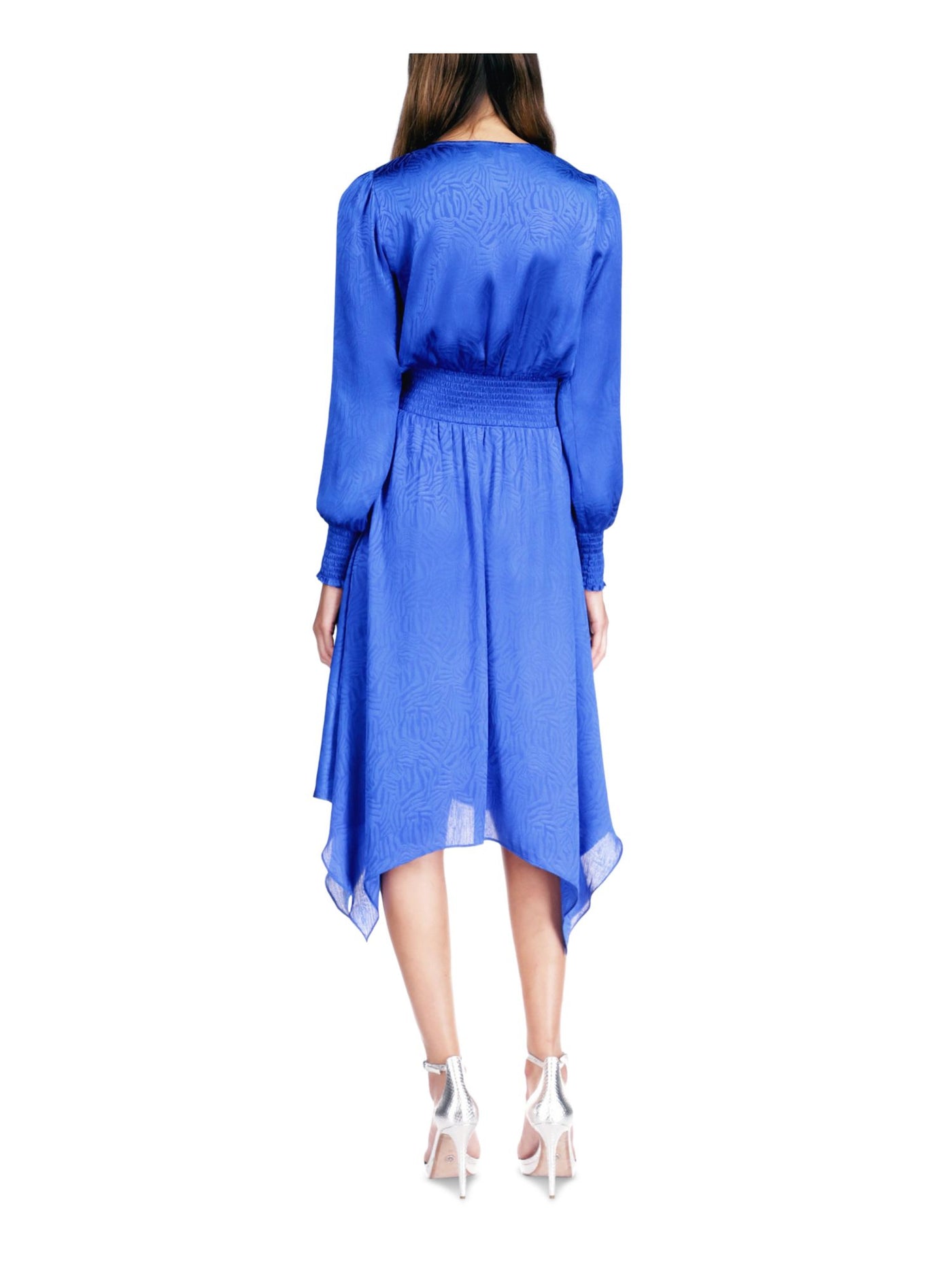 MICHAEL MICHAEL KORS Womens Blue Smocked Sheer Handkerchief Hem Pullover Animal Print Long Sleeve Surplice Neckline Midi Fit + Flare Dress Petites P\XS