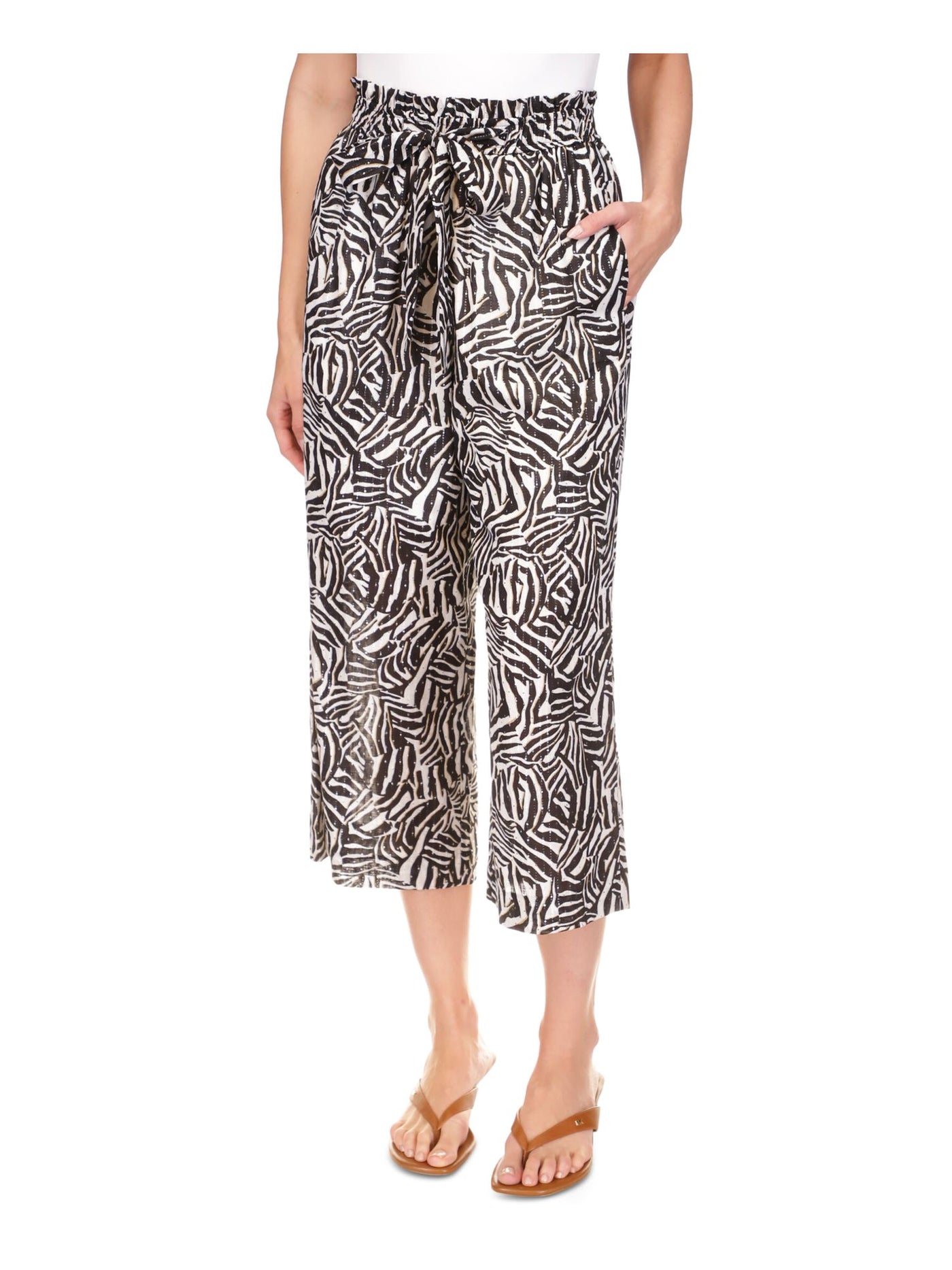 MICHAEL MICHAEL KORS Womens White Pocketed Lined Paper Bag Elastic Waist Drawstri Animal Print Cropped Pants L