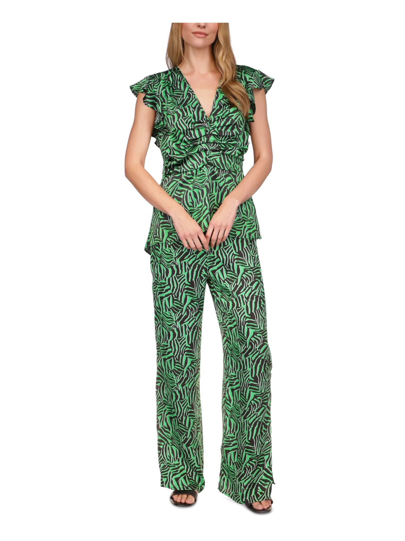 MICHAEL MICHAEL KORS Womens Green Zippered Ruffled Flutter Sleeve V Neck Blouse XS