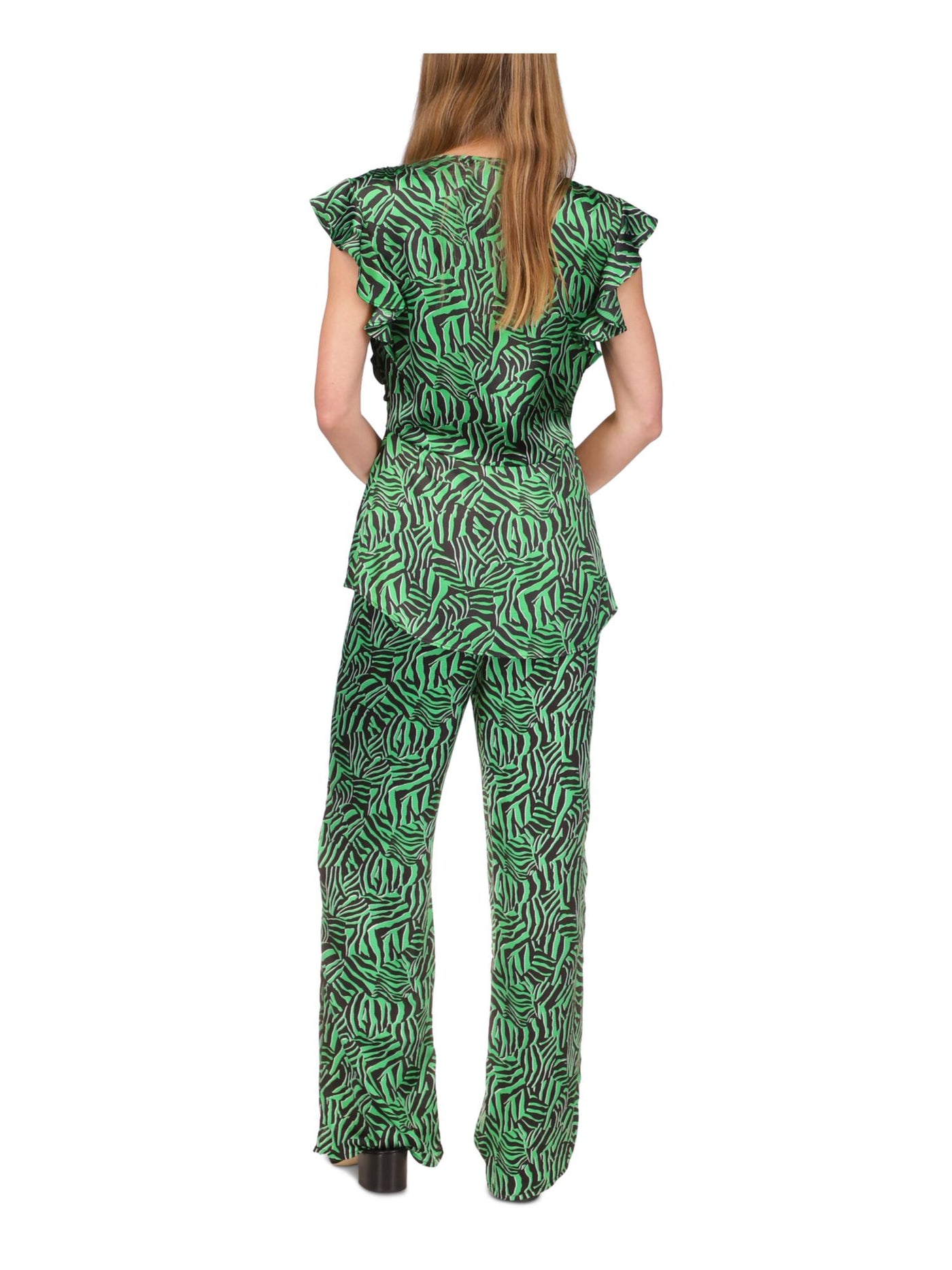 MICHAEL MICHAEL KORS Womens Green Zippered Ruffled Flutter Sleeve V Neck Blouse XS