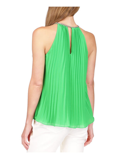 MICHAEL MICHAEL KORS Womens Green Pleated Lined Chain Detail Sheer Sleeveless Halter Cocktail Top XL