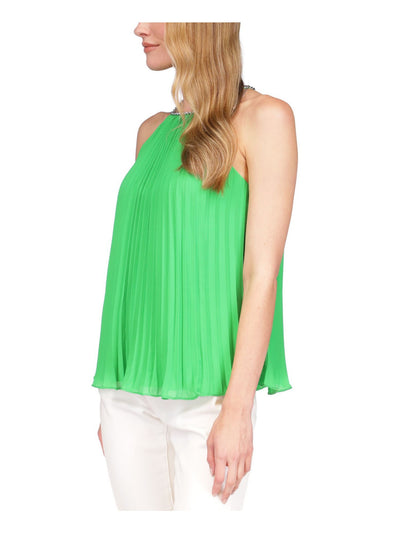 MICHAEL MICHAEL KORS Womens Green Pleated Lined Chain Detail Sheer Sleeveless Halter Cocktail Top XL