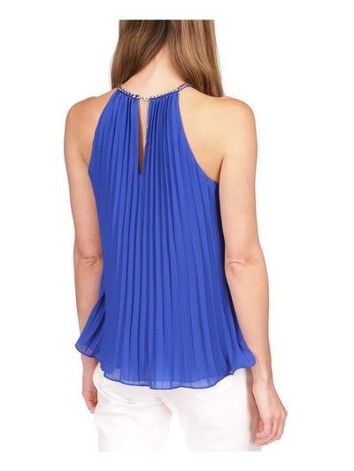 MICHAEL MICHAEL KORS Womens Blue Pleated Lined Chain Detail Sleeveless Halter Top XL