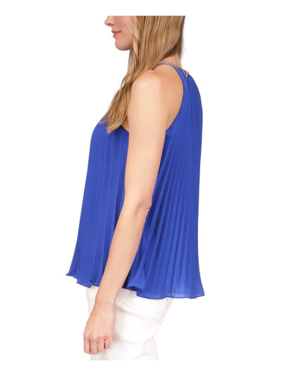 MICHAEL MICHAEL KORS Womens Blue Pleated Lined Chain Detail Sleeveless Halter Top XS