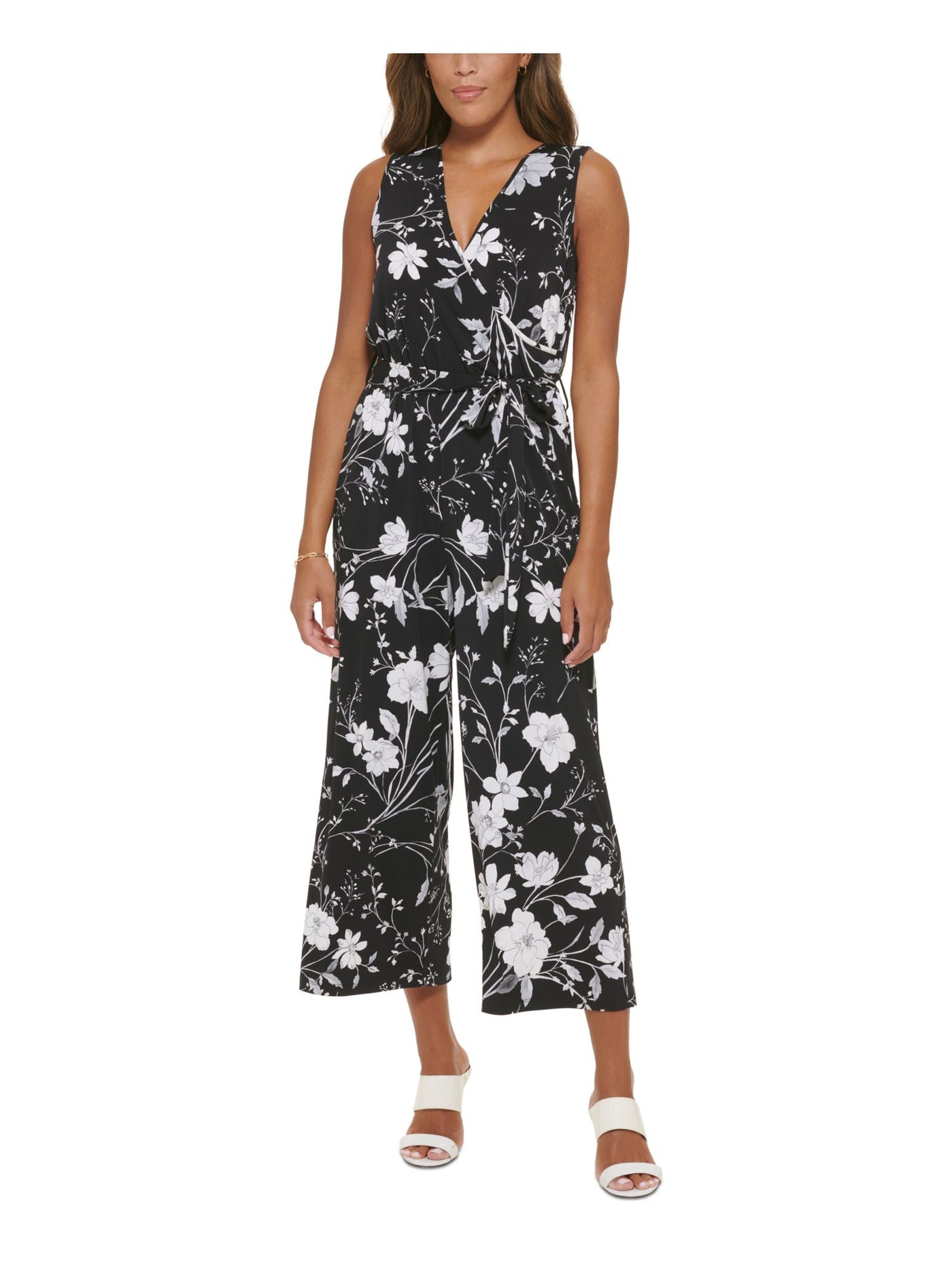 CALVIN KLEIN Womens Black Floral Sleeveless Surplice Neckline Wide Leg Jumpsuit 6