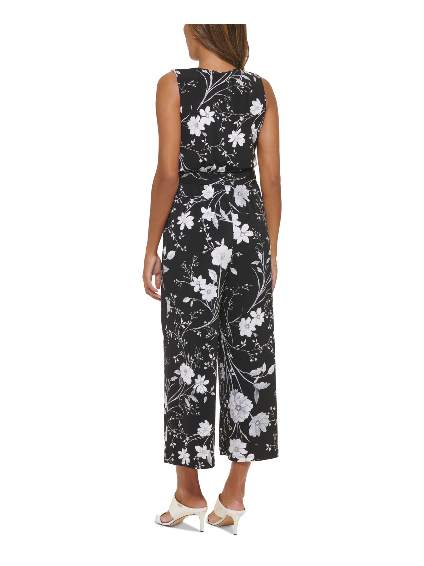 CALVIN KLEIN Womens Black Floral Sleeveless Surplice Neckline Wide Leg Jumpsuit 6