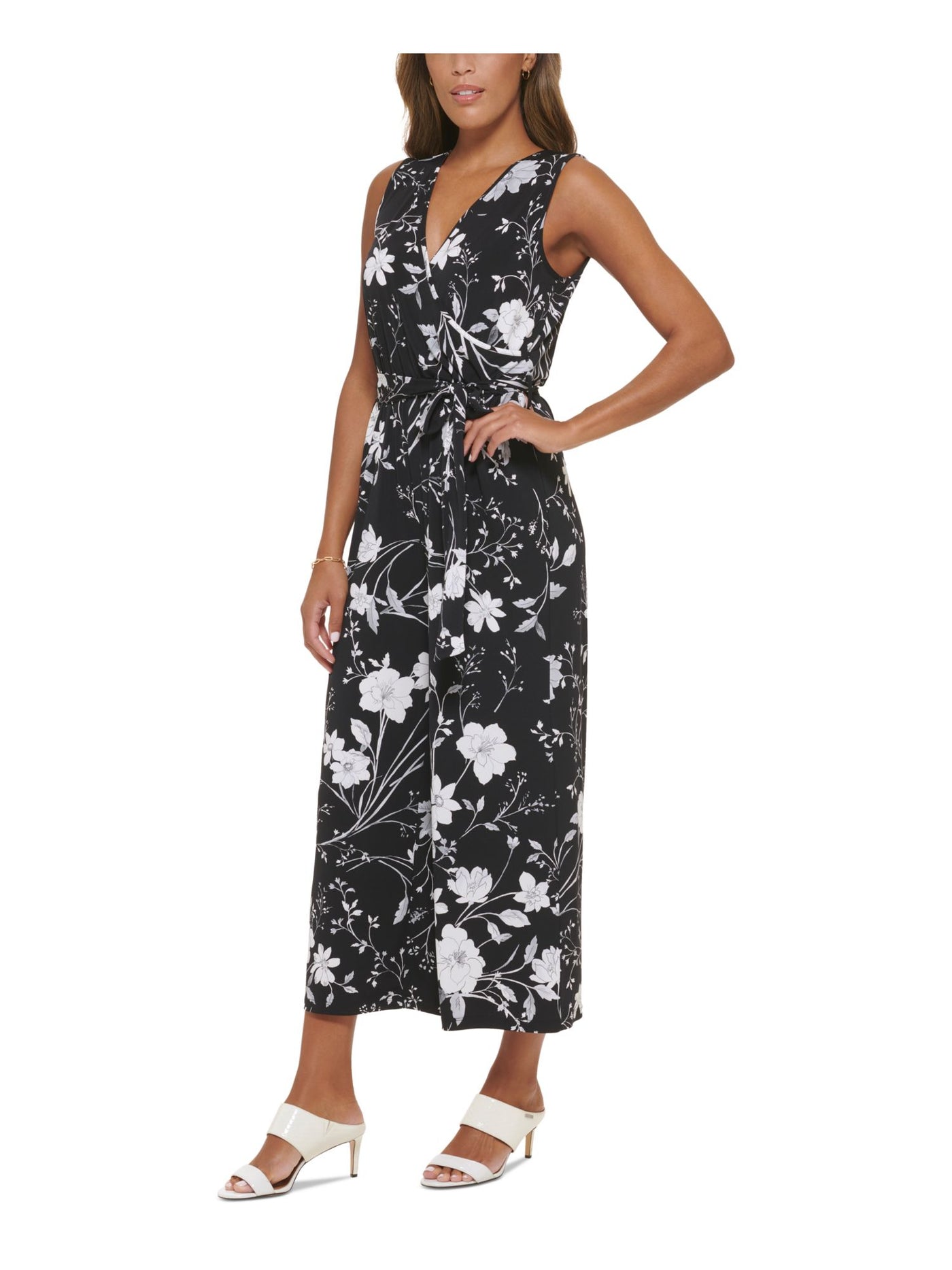 CALVIN KLEIN Womens Black Floral Sleeveless Surplice Neckline Wide Leg Jumpsuit 6