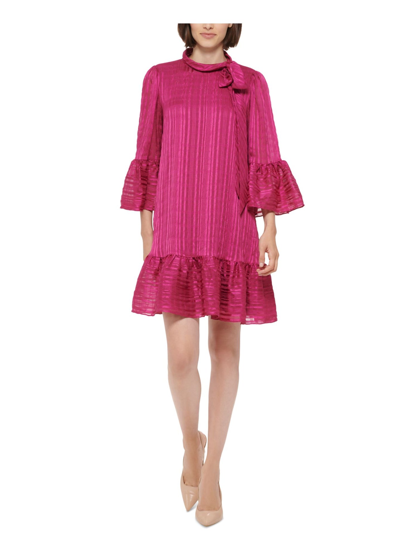 CALVIN KLEIN Womens Pink Striped Bell Sleeve Tie Neck Above The Knee Cocktail Shift Dress 10