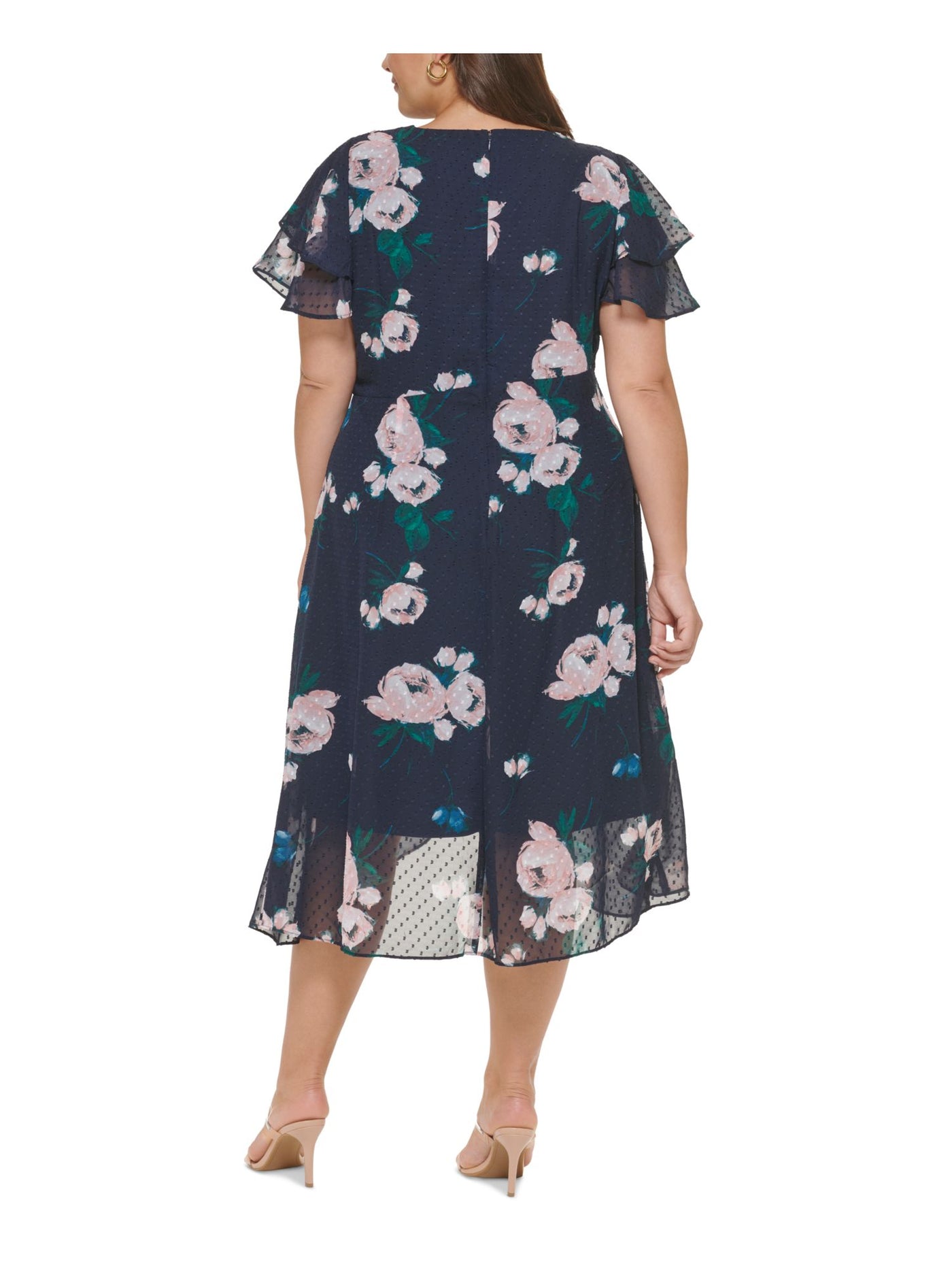 DKNY Womens Navy Zippered Pleated Lined Floral Flutter Sleeve Surplice Neckline Below The Knee Wear To Work Faux Wrap Dress Plus 22W