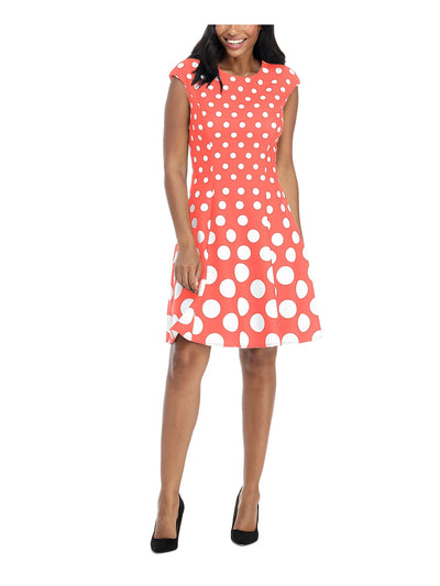 LONDON TIMES Womens Coral Stretch Unlined Zippered Polka Dot Sleeveless Crew Neck Above The Knee Fit + Flare Dress 12