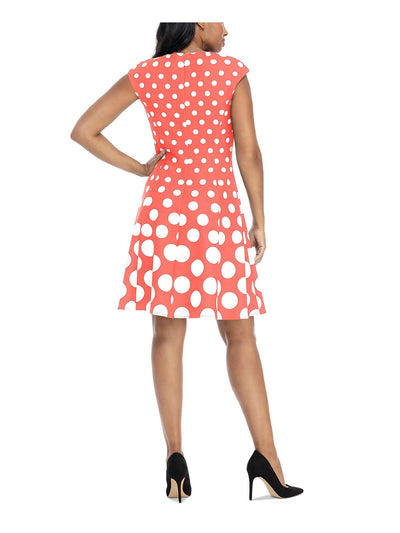 LONDON TIMES Womens Coral Stretch Unlined Zippered Polka Dot Sleeveless Crew Neck Above The Knee Fit + Flare Dress 12