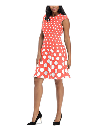 LONDON TIMES Womens Coral Stretch Unlined Zippered Polka Dot Sleeveless Crew Neck Above The Knee Fit + Flare Dress 12