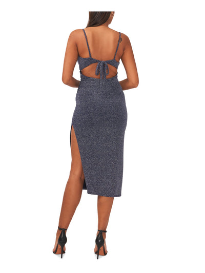 1. STATE Womens Navy Zippered Lined Tie Cutout-back Side-slit Short Sleeve Midi Party Sheath Dress Juniors L
