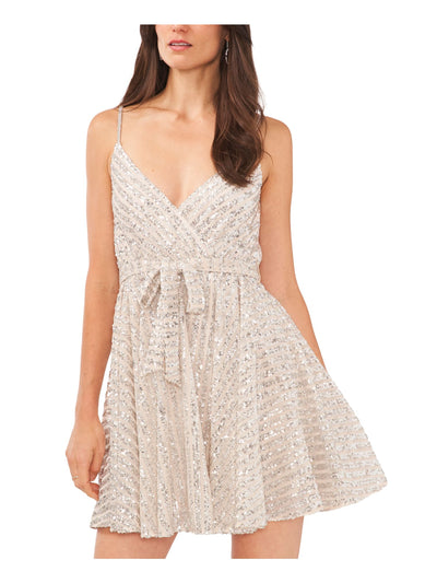 1. STATE Womens Beige Lined Elastic Waist Pullover Spaghetti Strap Surplice Neckline Short Party Fit + Flare Dress XL
