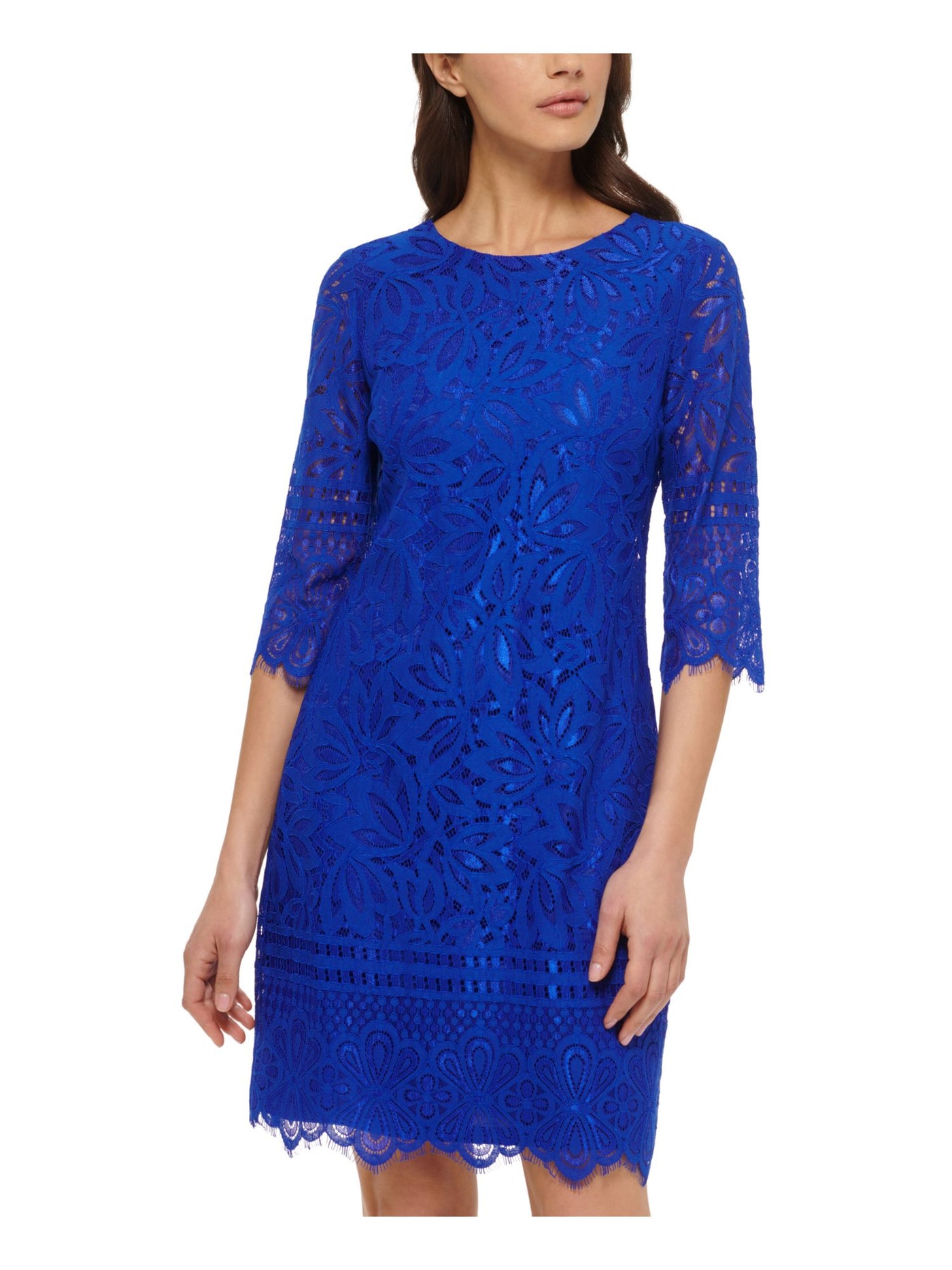 KENSIE DRESSES Womens Blue Lined Zippered Fringed Scalloped Sheer Floral 3/4 Sleeve Crew Neck Above The Knee Sheath Dress 14