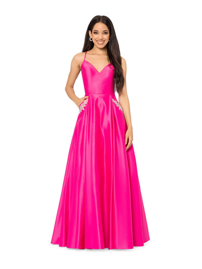 BLONDIE NITES Womens Pink Embellished Zippered Lace Up Back Pocketed Padded Spaghetti Strap Sweetheart Neckline Full-Length Formal Gown Dress 13