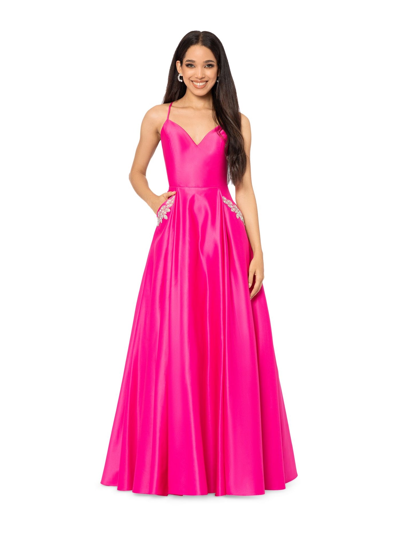 BLONDIE NITES Womens Pink Embellished Zippered Lace Up Back Pocketed Padded Spaghetti Strap Sweetheart Neckline Full-Length Formal Gown Dress 5