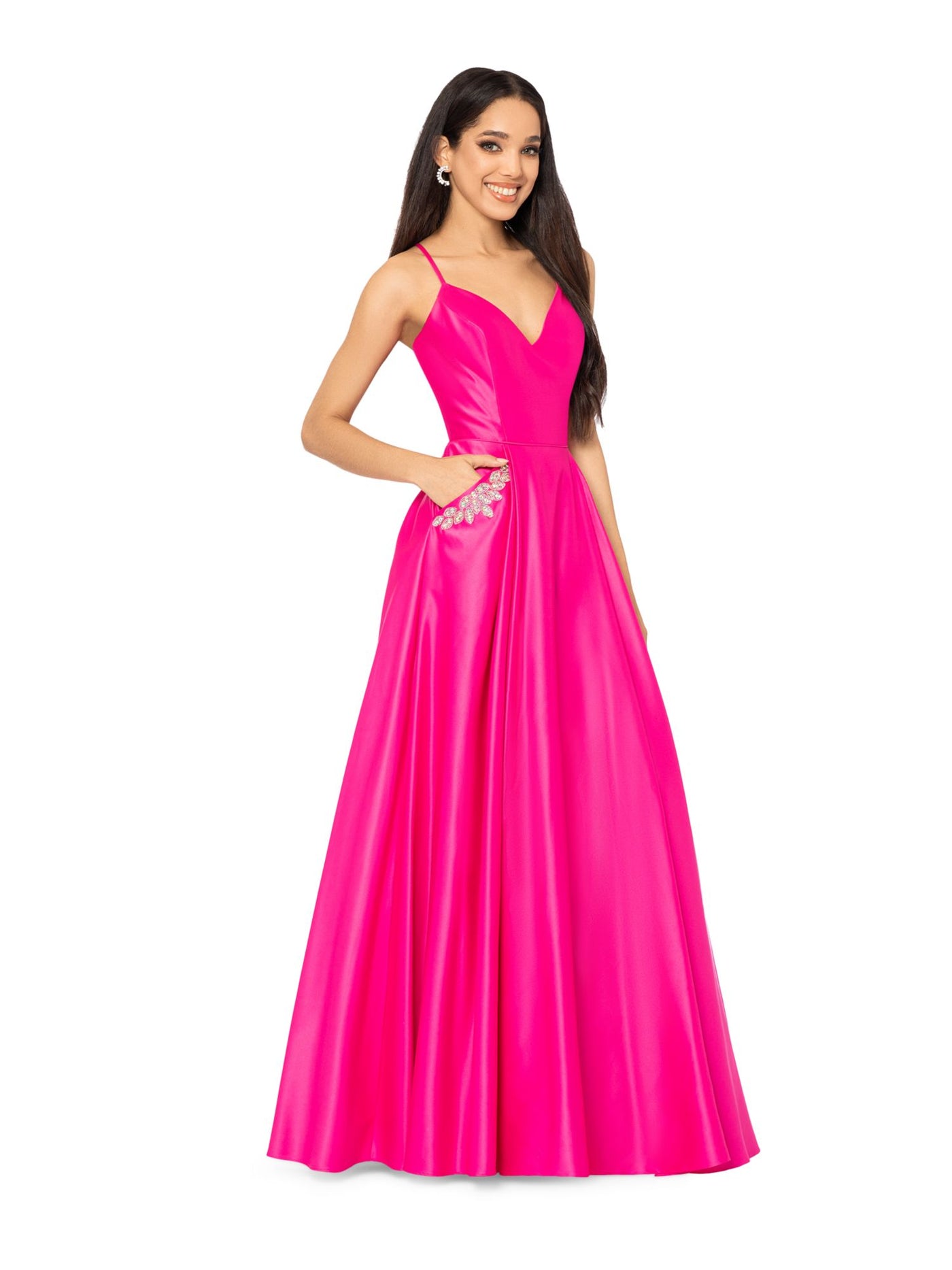 BLONDIE NITES Womens Pink Embellished Zippered Lace Up Back Pocketed Padded Spaghetti Strap Sweetheart Neckline Full-Length Formal Gown Dress 7