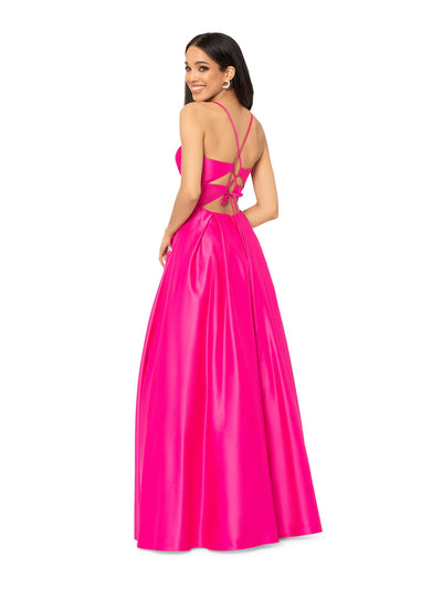 BLONDIE NITES Womens Pink Embellished Zippered Lace Up Back Pocketed Padded Spaghetti Strap Sweetheart Neckline Full-Length Formal Gown Dress 7