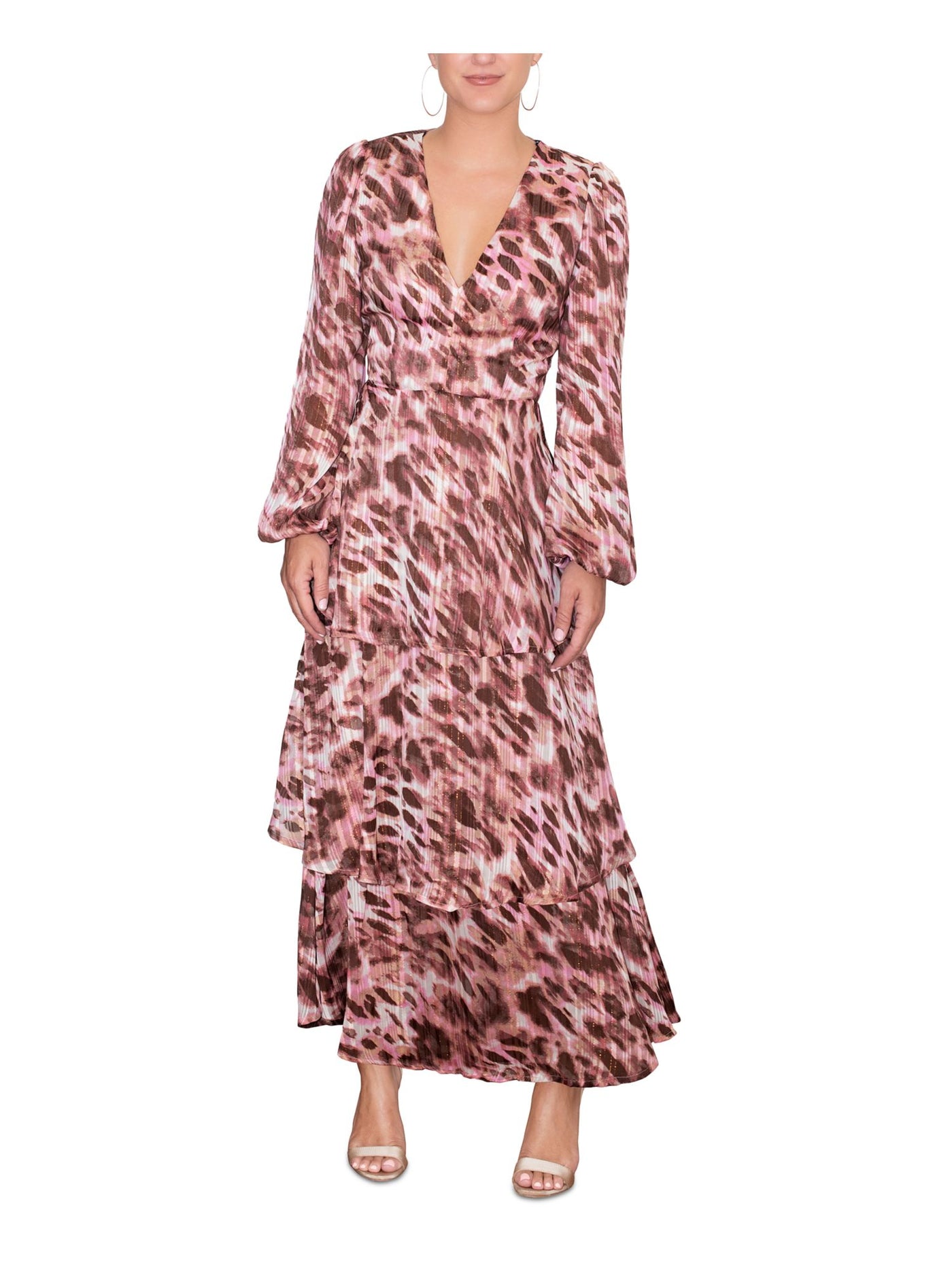 RACHEL RACHEL ROY Womens Pink Zippered Lined Sheer Tiered Ruffled Printed Blouson Sleeve V Neck Maxi Empire Waist Dress 8