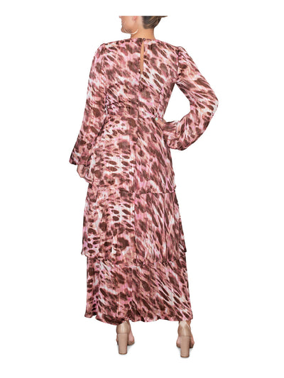 RACHEL RACHEL ROY Womens Pink Zippered Lined Sheer Tiered Ruffled Printed Blouson Sleeve V Neck Maxi Empire Waist Dress 8